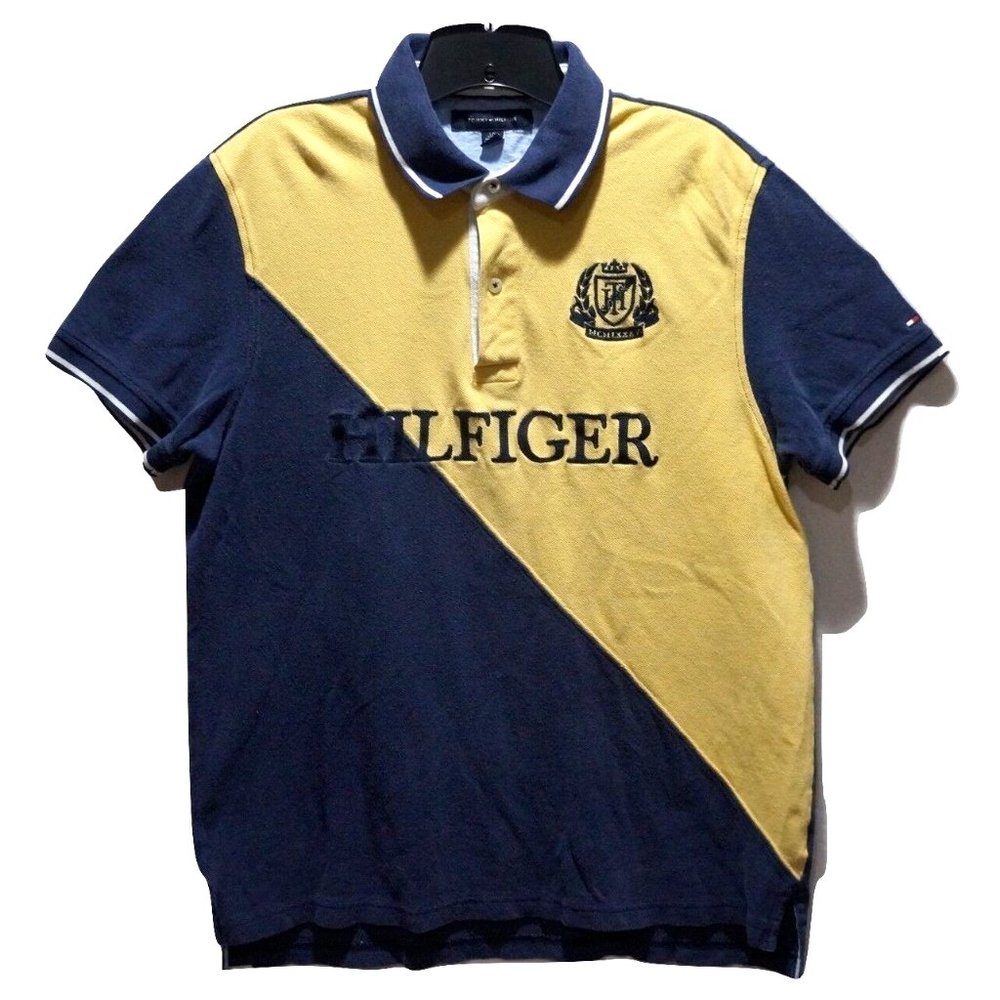 VTG TOMMY HILFIGER Mens Blue L Custom Fit Spell Out Polo Color Block Shirt